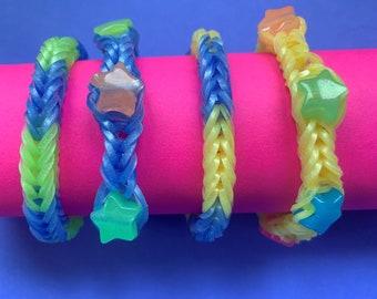 Glow-in-the-dark star friendship sparkle  Rainbow Loom rubber band bracelet, birthday favor