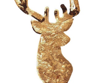 Sequin Checker Deer Patches Christmas Iron On Appliques 2 PCS Gold Xmas Reindeer Head Sew-On Fabric Embroidery DIY