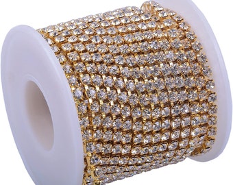 Gold Rhinestone Chain By Yard With Clear Crystal - 3mm,  4mm, DIY Sparkling Accessories  3yds