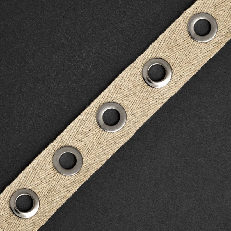 May include: A beige cotton webbing with silver metal eyelets. The webbing is on a black background.