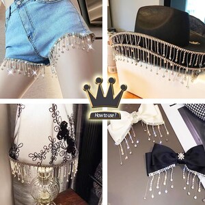 May include: A close-up of a silver rhinestone trim with dangling strands. The trim is shown on a pair of denim shorts, a hat, a lampshade, and two hair bows. The text "How to use?" is visible in the image.