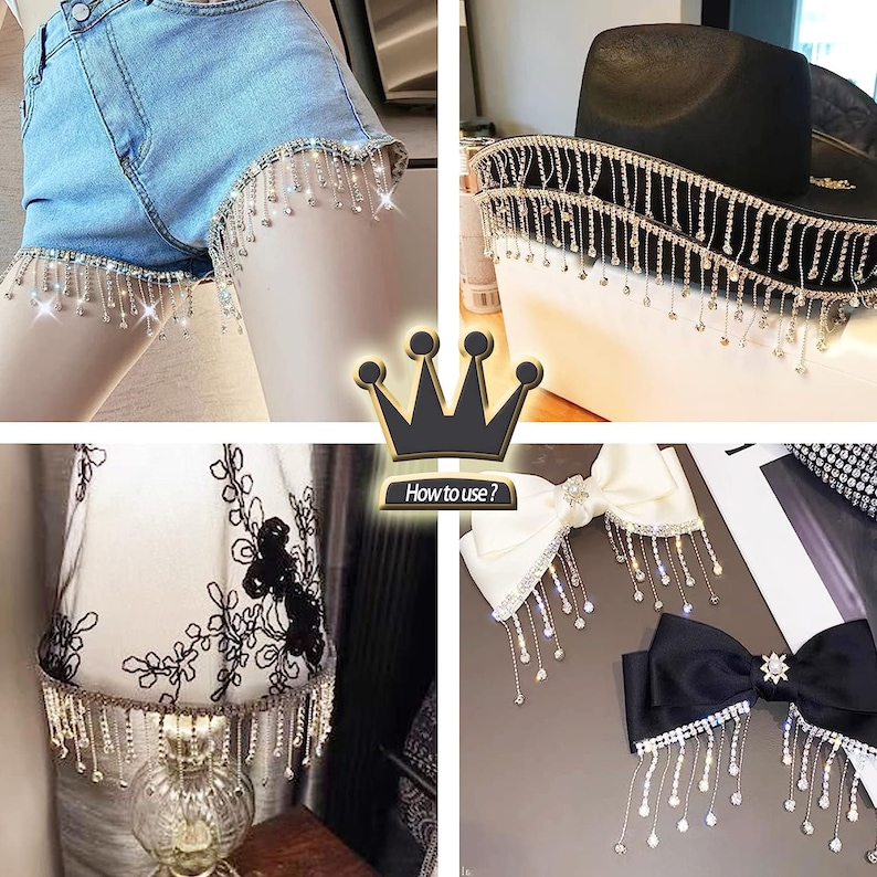 May include: A close-up of a silver rhinestone trim with dangling strands. The trim is shown on a pair of denim shorts, a hat, a lampshade, and two hair bows. The text "How to use?" is visible in the image.
