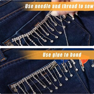 May include: Two images showing two different methods for attaching a rhinestone fringe trim to denim. The first image shows a hand using a needle and thread to sew the trim to the denim. The second image shows a hand using a glue gun to attach the trim to the denim. The trim is silver and has a fringe of rhinestones.