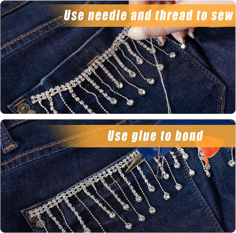 May include: Two images showing two different methods for attaching a rhinestone fringe trim to denim. The first image shows a hand using a needle and thread to sew the trim to the denim. The second image shows a hand using a glue gun to attach the trim to the denim. The trim is silver and has a fringe of rhinestones.