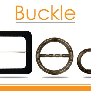 May include: Three different types of buckles. The first is a black square buckle with a silver bar across the middle. The second is a brown round buckle with a silver bar across the middle. The third is a brown round buckle with no bar.