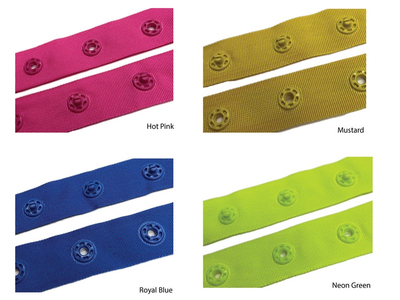May include: Four different colors of elastic webbing with snap buttons. The colors are hot pink, mustard yellow, royal blue, and neon green.