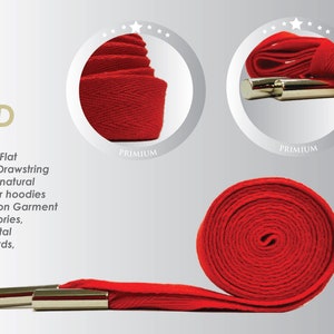 May include: Red cotton drawstring cord with metal tips. The cord is 55 inches long and is rolled up in a circle. The cord is also shown in a close-up view with the metal tips.