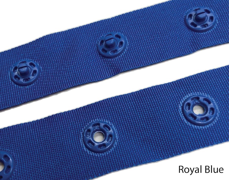 May include: Royal blue webbing with plastic snap fasteners. The webbing is 1 inch wide and has a woven texture.