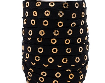 1" Black and Gold Large Cotton Grommet Tape Eyelet Cotton Twill Tape Trim by the 5 yard