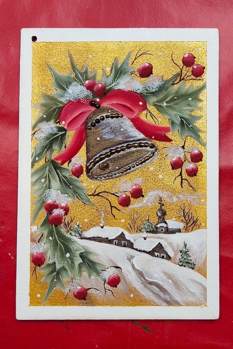 Hand painted wooden Christmas postcard holly