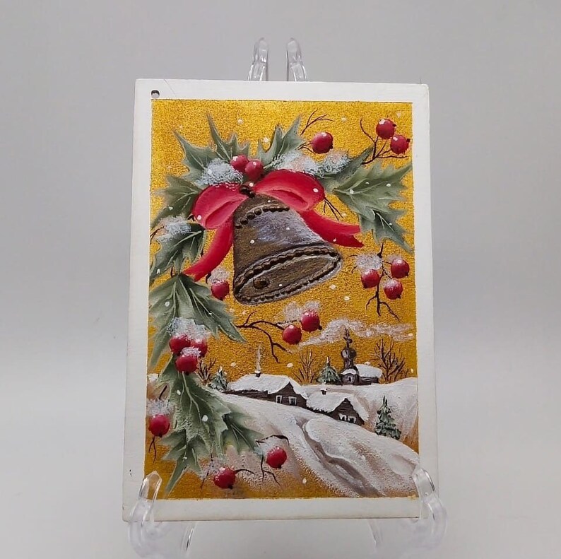 Hand painted wooden Christmas postcard holly