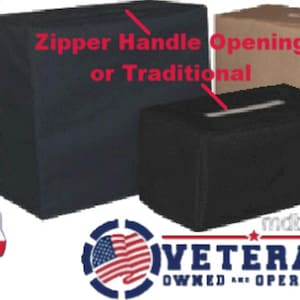 May include: Three rectangular protective covers in black and tan colors. The text reads BLACK, TAN or NAVY BLUE, Zipper Handle Opening or Traditional, MADE IN TEXAS SINCE 2005, mdbcovers.com, and VETERAN OWNED AND OPERATED with a US flag graphic.