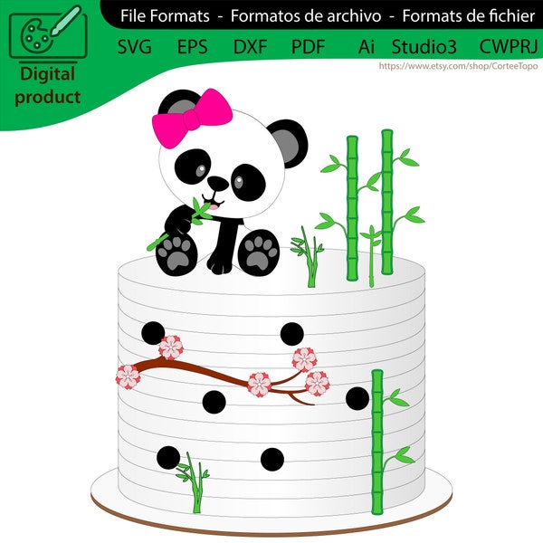 Little Panda e bambù cake topper, decorazione torta, file multistrato, file digitale, Silhouette, SVG, ScanNCut