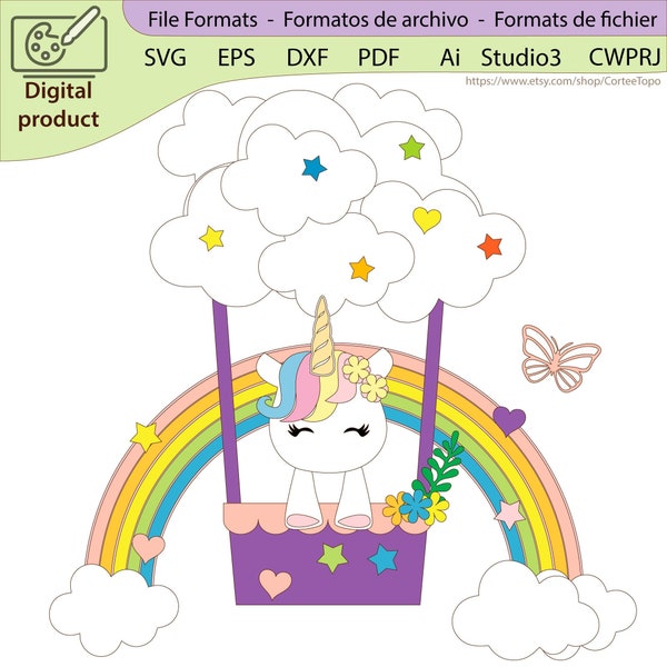 Topper de pastel de globo de aire caliente de nubes de unicornio, arco iris, estrellas coloridas, archivo digital, SVG, silueta, ScanNCut