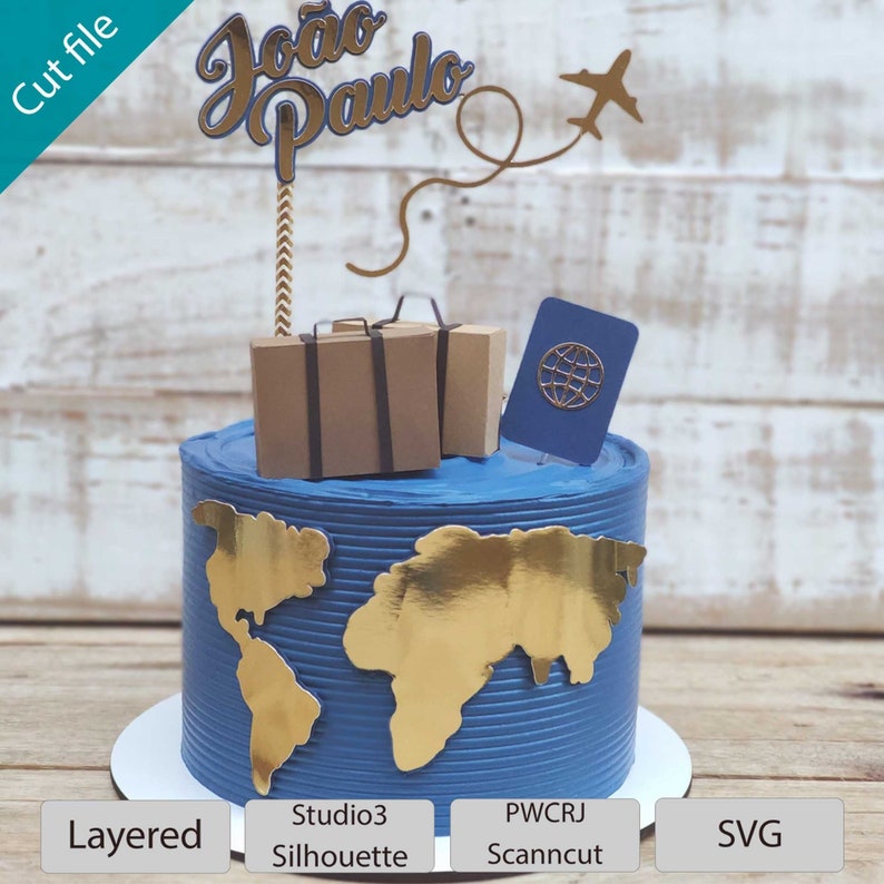 Travel Cake Topper Word Map Baggage Plane Traveling Cut Etsy