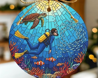 Duikornament, op maat gemaakt cadeau gebrandschilderd glaseffect, gepersonaliseerde scuba-duiker kerstornament, diepzeeduiker, duikinstructeur
