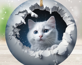 White Cat 3d Ornament Effect, Cat Lover Christmas Gift, Cat Mom, Cat Dad, Cat Owner Gift, Cat Lady, Stocking Stuffer, Gift For Her Him