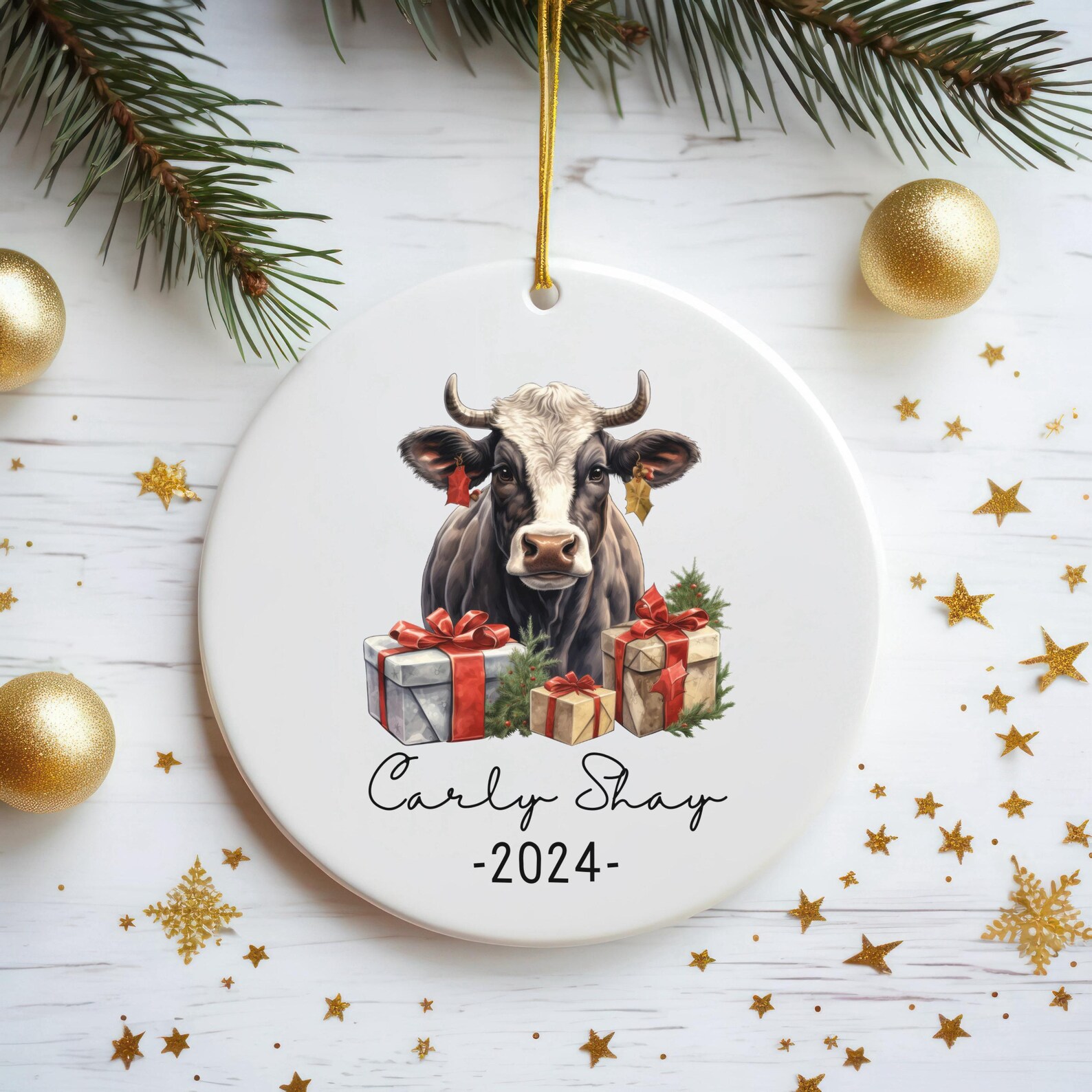 Personalized Christmas Cow Ornament, Custom Name Ornament, Animal Lover