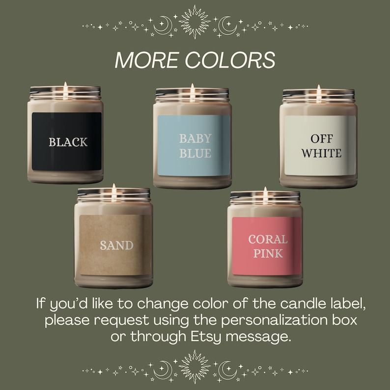 May include: Five glass jar candles with lit wicks, each with a different label color: black, baby blue, off-white, sand, and coral pink. The text "MORE COLORS" is above the candles. The text below the candles says, "If you'd like to change color of the candle label, please request using the personalization box or through Etsy message."