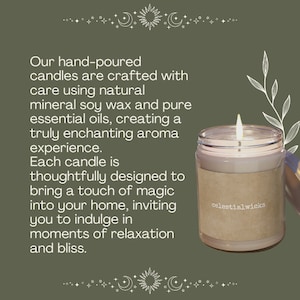 May include: A lit candle in a clear glass jar with a brown label that reads "celestialwicks." The candle is set against a green background with decorative celestial elements and text describing the candle's features.