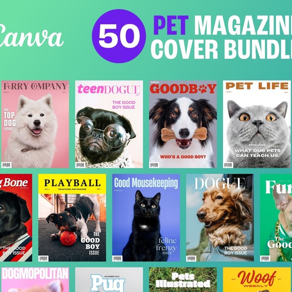 50 PET MEGA BUNDLE Magazine Cover templates | Canva Template | Custom Magazine Cover | Canva Magazine | Canva Template | Pet Fashion | Dogue