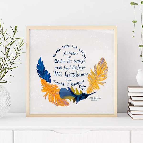 Covered by His Wings | Psalm 91 | Art Print | Christian Wall Art | Bible Verse Art | Wall Decor Christian | Gods Protection | Wings