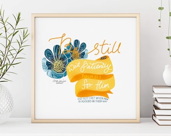 Psalm 37:7 – Wydruk artystyczny – Kwiatowa dekoracja ścienna z motywem chrześcijańskim