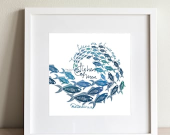 Fishers of Men Art Print | Matthew 4:19, Christian Wall Decor  | Baptism gift for men