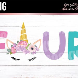 4つのユニコーン、4歳の誕生日の女の子、SVG PNG – マジカルレインボーカットファイル – Cricut Silhouette用キッズバースデーシャツデザイン – デジタルダウンロード