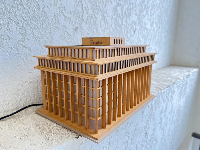 Handmade Wooden Lamp Inspired by Residential Building From