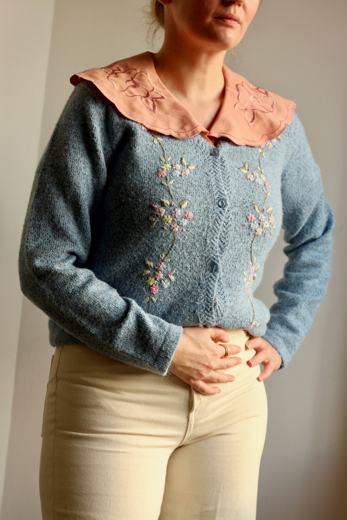 Vintage 1980s Embroidered Flora Blue Knit Cardigan image 0