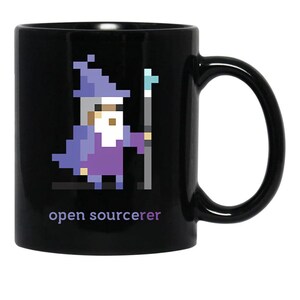 8Bit Open Source Sorcerer Programming Coffee Mug, Vintage Retro Pixel Coder Cup, Sleek Black Ceramic Software Developer Gift