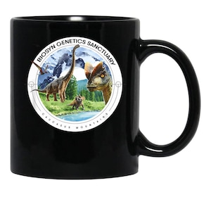 Biosyn Genetics Mug, Retro SciFi Corporate Logo Graphic Cup, Sleek Black Ceramic Dinosaur Research Sanctuary Novelty Fan Gift