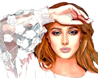 May include: A woman with long, wavy, auburn hair is wearing a white blouse with delicate floral embroidery. She is looking down with a thoughtful expression. Her makeup is dramatic with dark eyeshadow and eyeliner.