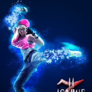 May include: A woman in a pink tank top and blue jeans kicks with her right leg, creating a blue and white ice-like effect. The text "ICARUS GENERATOR" is in the lower right corner of the image.