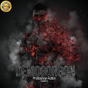 May include: A digital illustration of a man with a cracked, rocky body, engulfed in flames and smoke. The text "DEMOGORGON Photoshop Action IL DESIGNS PH" is at the bottom of the image.