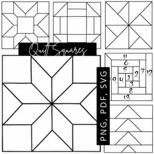 May include: A collection of black and white quilt square patterns featuring geometric designs, including star and log cabin motifs. The image includes the text Quilt Squares and PNG, PDF, SVG, indicating digital file formats for these templates.