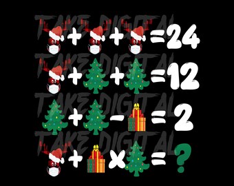 Op de afbeelding: Een kerstthema-puzzel met een rendier, kerstboom en cadeaudoos. De vergelijkingen zijn: Rendier + Rendier + Rendier = 24, Rendier + Kerstboom + Kerstboom = 12, Kerstboom + Kerstboom - Cadeaudoos = 2, Rendier + Cadeaudoos x Kerstboom = ?