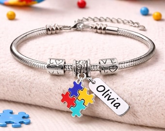 Personalized Autism Bracelet with Name, Puzzle Heart Charm Bracelet, Autism Awareness Jewelry, Custom Name Tag Bracelet, Teacher Mom