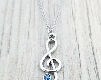 Personalized Music Necklace Gift with Birthstone Charm- Treble Clef Pendant Jewelry - Music Lover Gifts - Music Note- Women, Teens, Girls