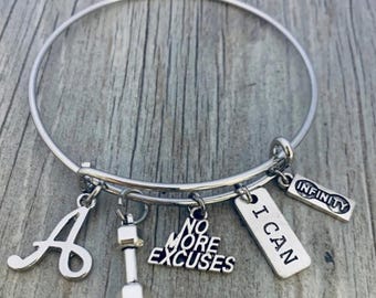 Fitness Motivation Bangle Bracelet with Dumbbell Charm No More Excuses I Can Infinity and Initial Gift for Athletes and Gym Lovers