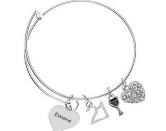 Personalized 21st Birthday Bracelet for Women, Twenty First Bday Gifts for Her, Wine Charm Bangle Bracelet Jewelry, Daughter, Birthday gifts