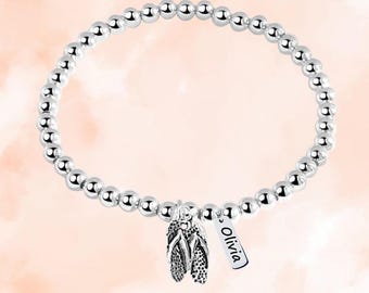 Personalized Flip Flop Beaded Bracelet with Engraving Tag Charm, Flip Flop Gift, Adjustable Jewelry, Custom Flip Flop Accessories for Girls