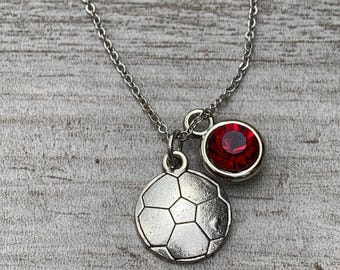 Personalized Soccer Necklace with Silver Soccer Ball and Birthstone Charm Gift for Girls Players Teams Coaches Sports Jewelry