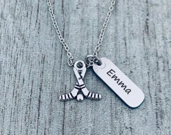 Personalized Engraved Ice Hockey Necklace, Girls Hockey Stick Jewelry Gifts for Ice Hockey Players, Custom Hockey Team Gift