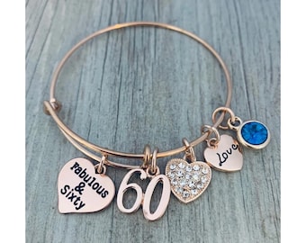 Personalized Women's 60th Birthday Bracelet, Birthday Gifts for Woman,Rose Gold Fabulous and Sixty Jewelry, Perfect 60th Birthday Gift Ideas
