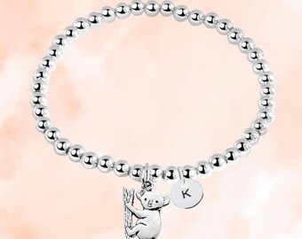 Personalized Koala Beaded Bracelet with Initial Letter Charm, Koala Gift, Adjustable Jewelry, Custom Koala Lover Accessories for Girls