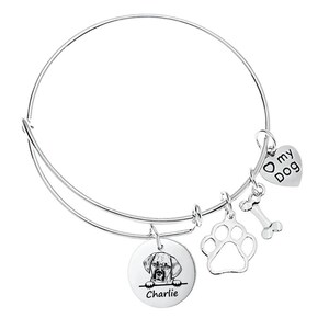 Puggle Gifts ,Personalized Charm Bracelet Custom Name Engraved  Dog Bangle, Memorial Keepsake for Dog Mom, Dog Lover Gifts