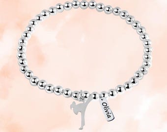 Personalized Karate Girl 2 Beaded Bracelet with Engraving Tag Charm, Karate Girl Gift, Adjustable Jewelry, Custom Accessories for Girls
