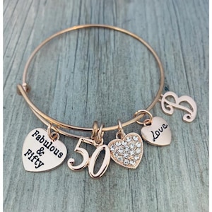 Personalized 50th Birthday Charm Bracelet, Rose Gold Fabulous and Fifty Gift for Women, 50th Birthday Gift for Her, Fiftieth Birthday